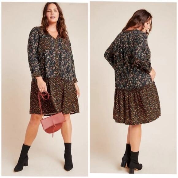 Anthropologie Maeve Marlie Button Up Tunic Dress Black Mixed Floral Print - Picture 2 of 13